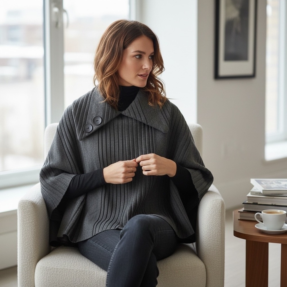 Le Moda Women's Charcoal Grey Ribbed Fleece Poncho Button Collar Wrap OS